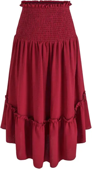 DDAPJ pyju Renaissance Midi Skirt Smocked Elastic High Waist A Line Skirts Ruffle Trim Flowy Skirt Pleated Casual Court Skirt