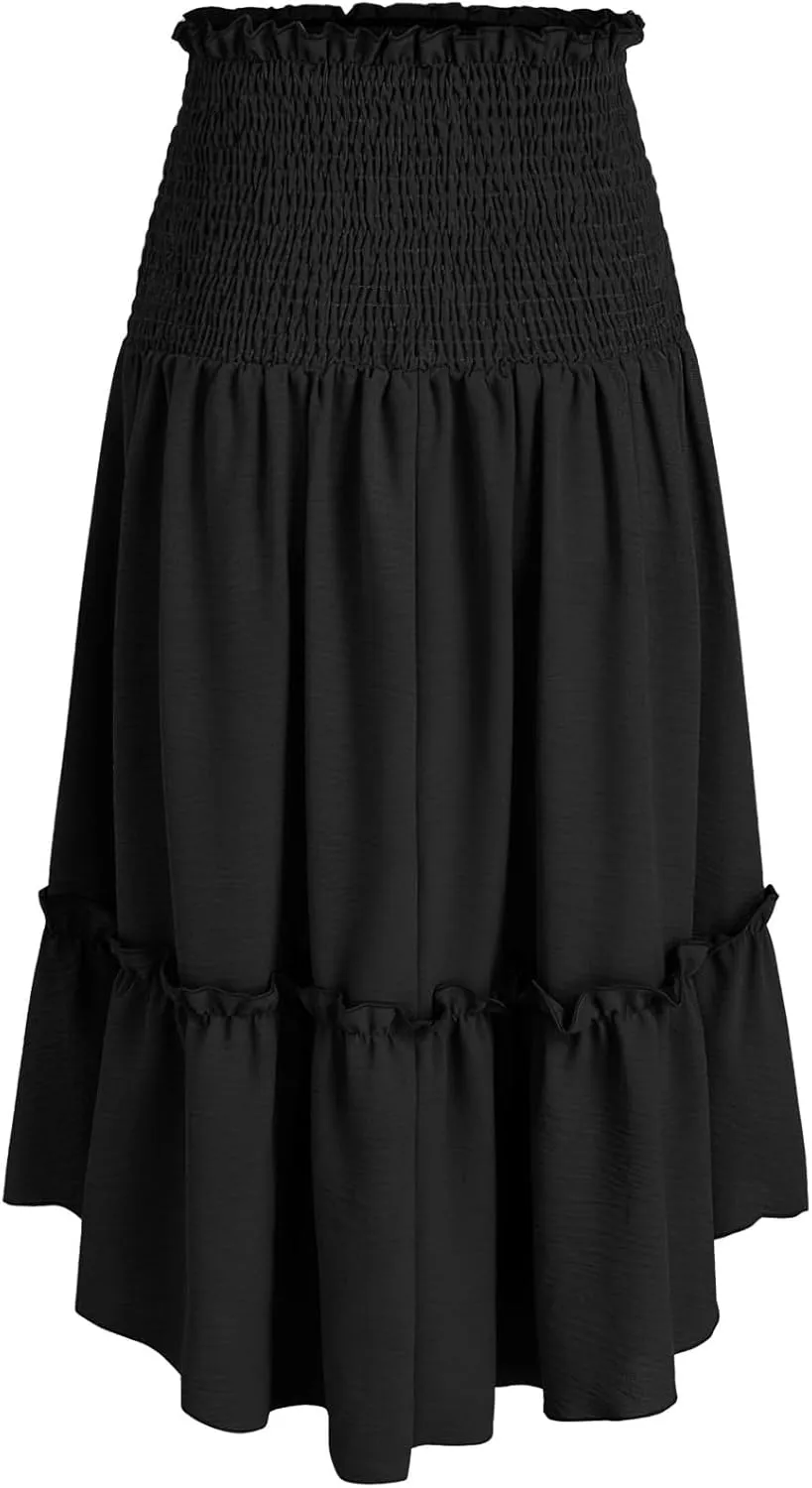 DDAPJ pyju Renaissance Midi Skirt Smocked Elastic High Waist A Line Skirts Ruffle Trim Flowy Skirt Pleated Casual Court Skirt