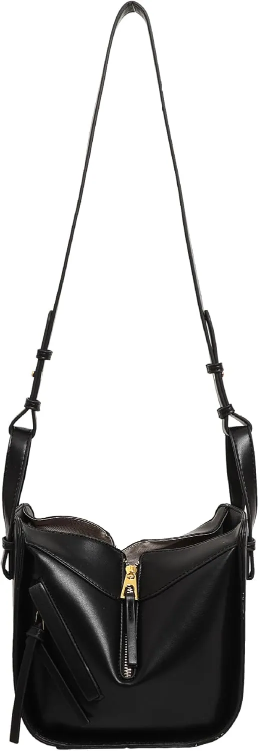 Designer Leather Shoulder Bag with Gold Zipper Details,Open Bucket Handbag Dumpling type