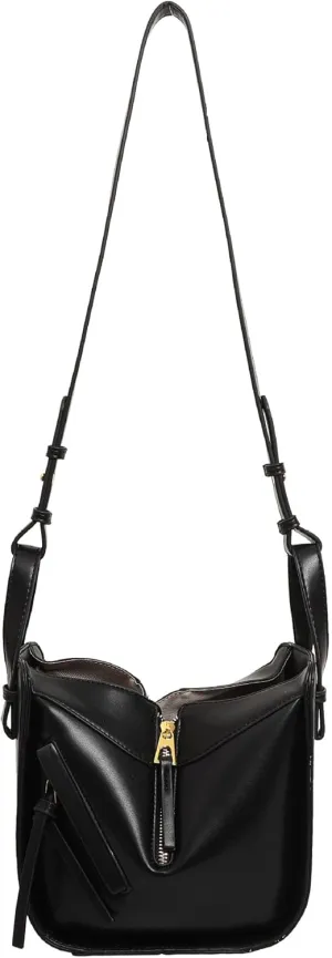 Designer Leather Shoulder Bag with Gold Zipper Details,Open Bucket Handbag Dumpling type