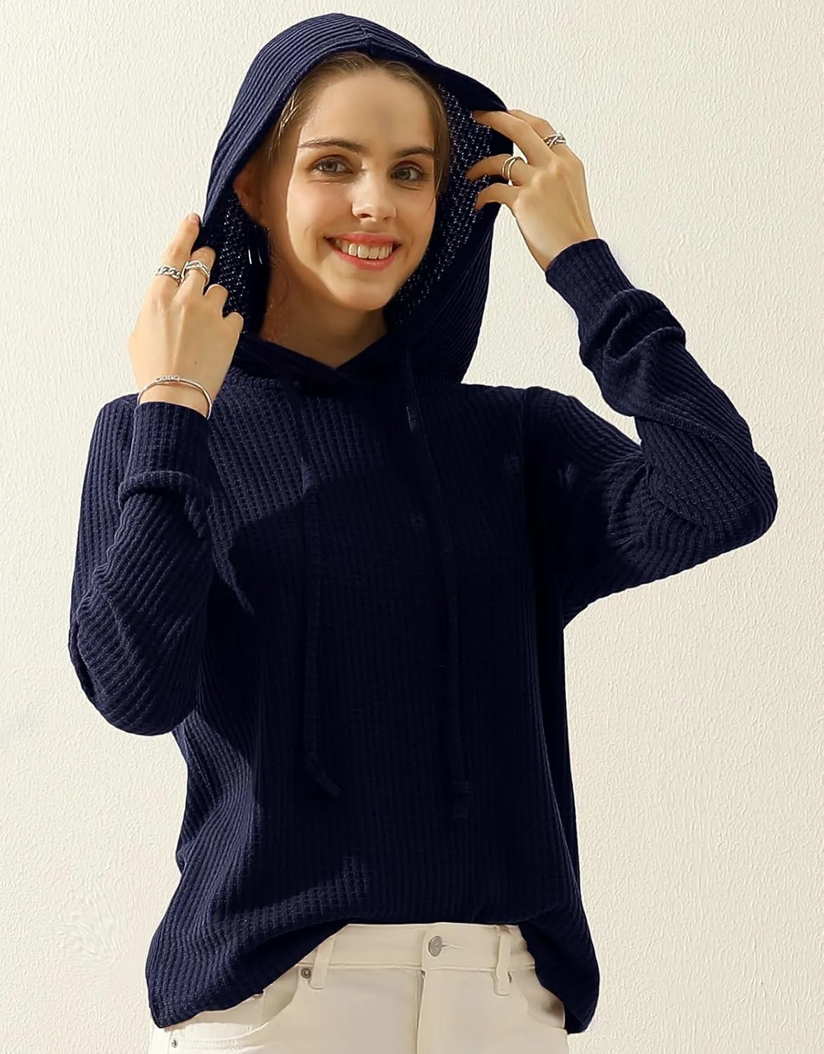 DOUBLJU 2 Pack Casual Long Sleeve Oversized Hoodies Waffle Knit Sweatshirts Basic Hooded Loose Tops Workout Sets for Women