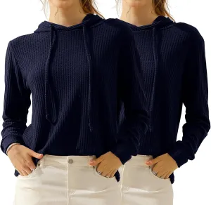 DOUBLJU 2 Pack Casual Long Sleeve Oversized Hoodies Waffle Knit Sweatshirts Basic Hooded Loose Tops Workout Sets for Women