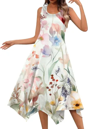 Dresses for Women 2024 Round Neck Floral Print Maxi Dress Sleeveless Flowy Beach Dresses Hankerchief Hem Dress