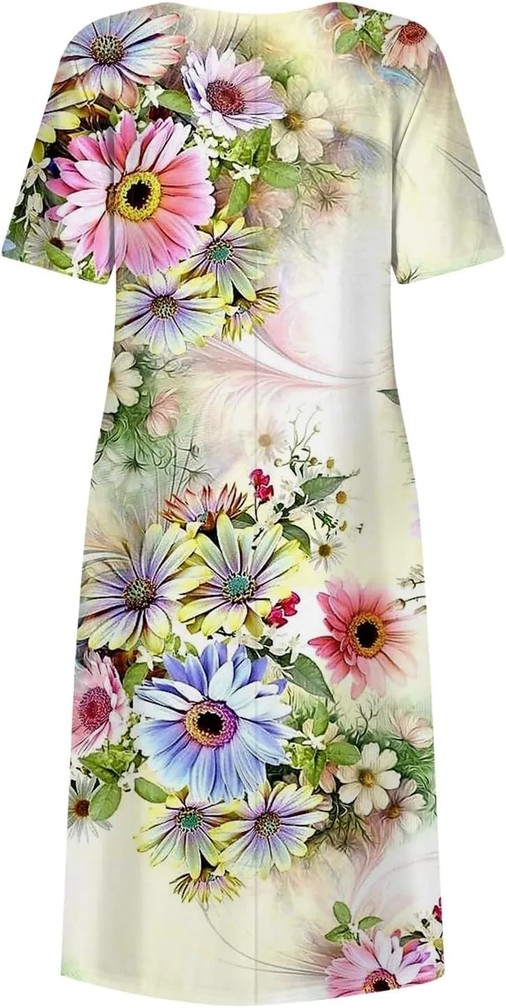 Dresses for Women 2024 Short Sleeve Printed Dresses Pleated Round Neck Maxi Dress Pocket Loose Beach Dress