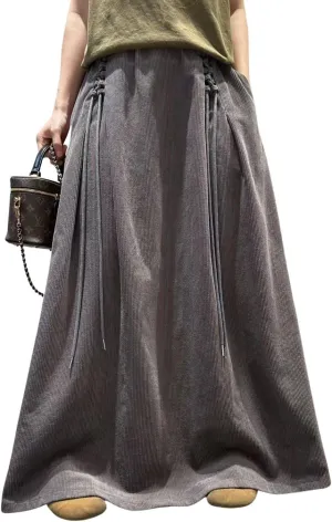 ebossy Womens Vintage Corduroy Long Skirt Elastic High Waist Tie Up A-Line Flared Pleated Maxi Skirt with Pockets
