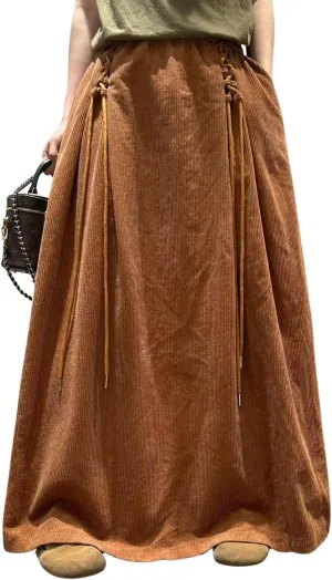 ebossy Womens Vintage Corduroy Long Skirt Elastic High Waist Tie Up A-Line Flared Pleated Maxi Skirt with Pockets
