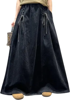 ebossy Womens Vintage Corduroy Long Skirt Elastic High Waist Tie Up A-Line Flared Pleated Maxi Skirt with Pockets