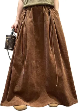 ebossy Womens Vintage Corduroy Long Skirt Elastic High Waist Tie Up A-Line Flared Pleated Maxi Skirt with Pockets