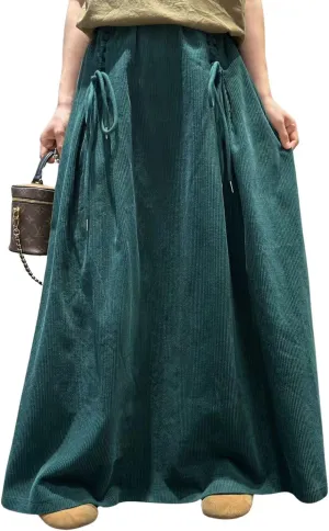 ebossy Womens Vintage Corduroy Long Skirt Elastic High Waist Tie Up A-Line Flared Pleated Maxi Skirt with Pockets