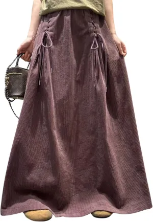 ebossy Womens Vintage Corduroy Long Skirt Elastic High Waist Tie Up A-Line Flared Pleated Maxi Skirt with Pockets