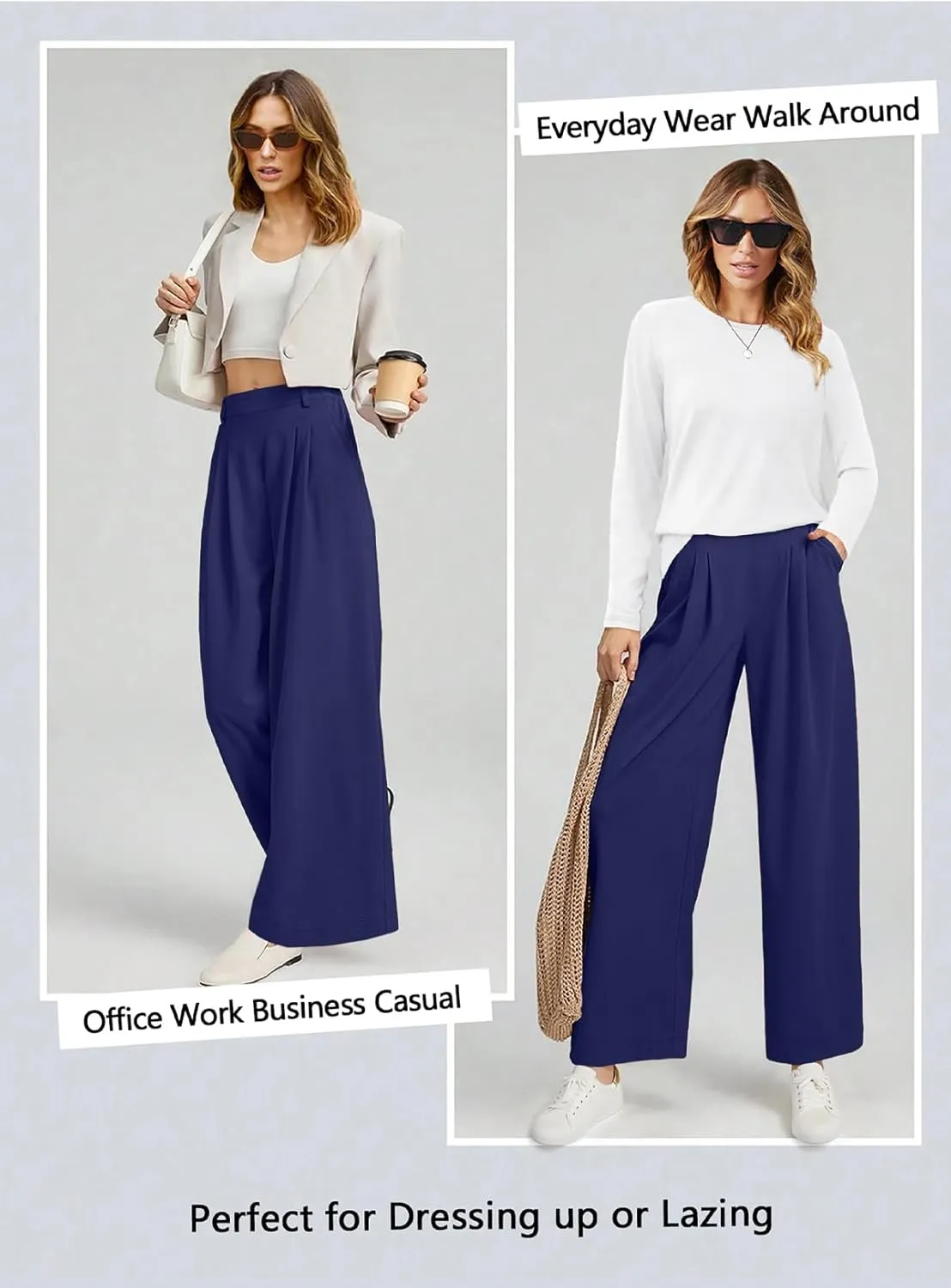 EVALESS Wide Leg Pants for Women Elastic High Waisted Waffle Knit Fleece Palazzo Pants Trousers with Pockets