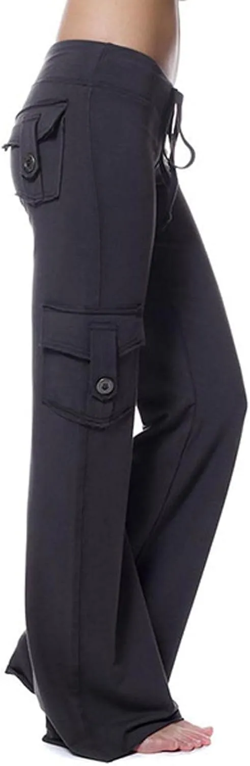 fartey Cargo Pants Women Drawstring High Waist Wide Leg Yoga Pants Baggy Bootcut Workout Gym Trousers with Button Pockets