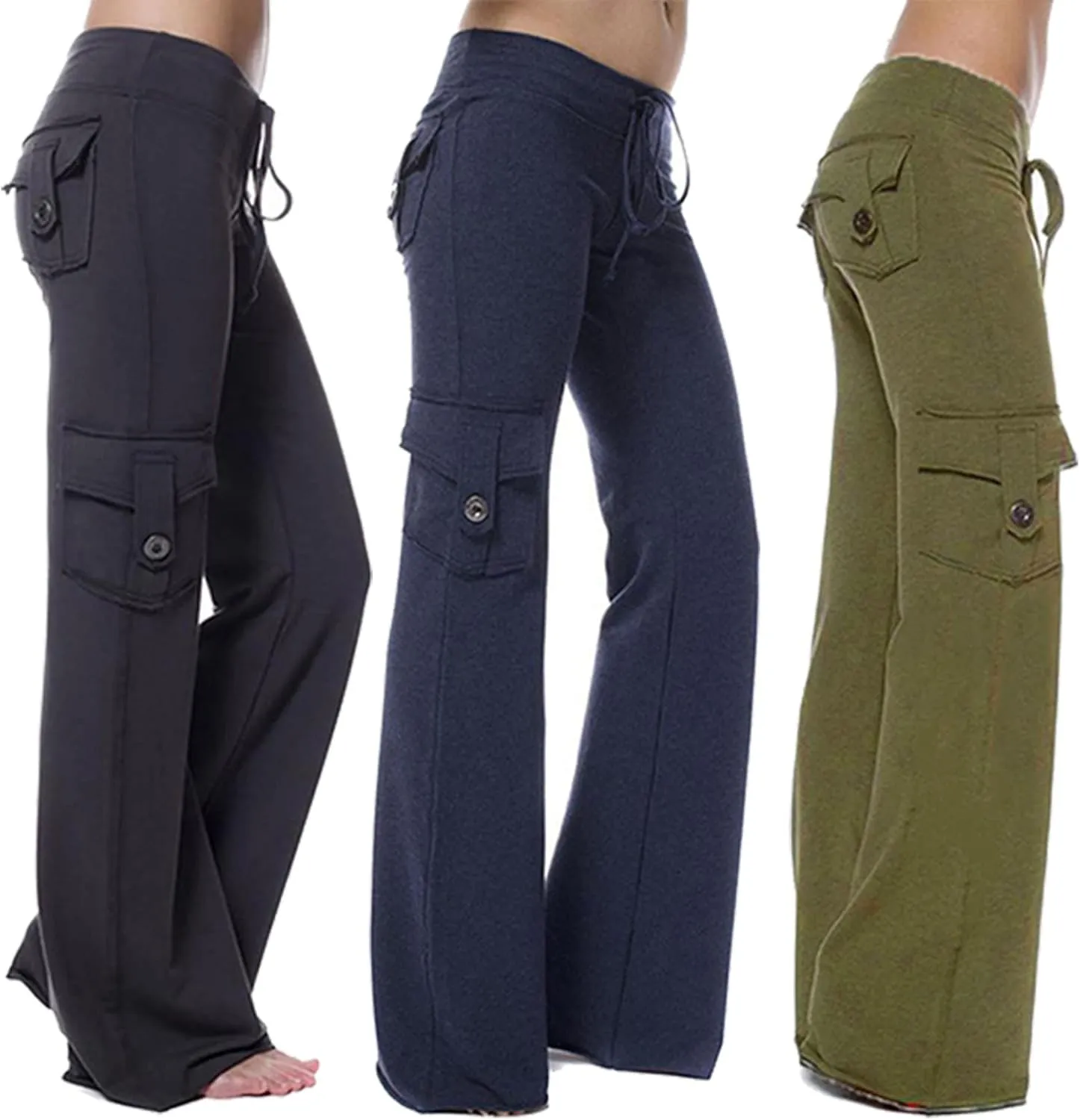 fartey Cargo Pants Women Drawstring High Waist Wide Leg Yoga Pants Baggy Bootcut Workout Gym Trousers with Button Pockets