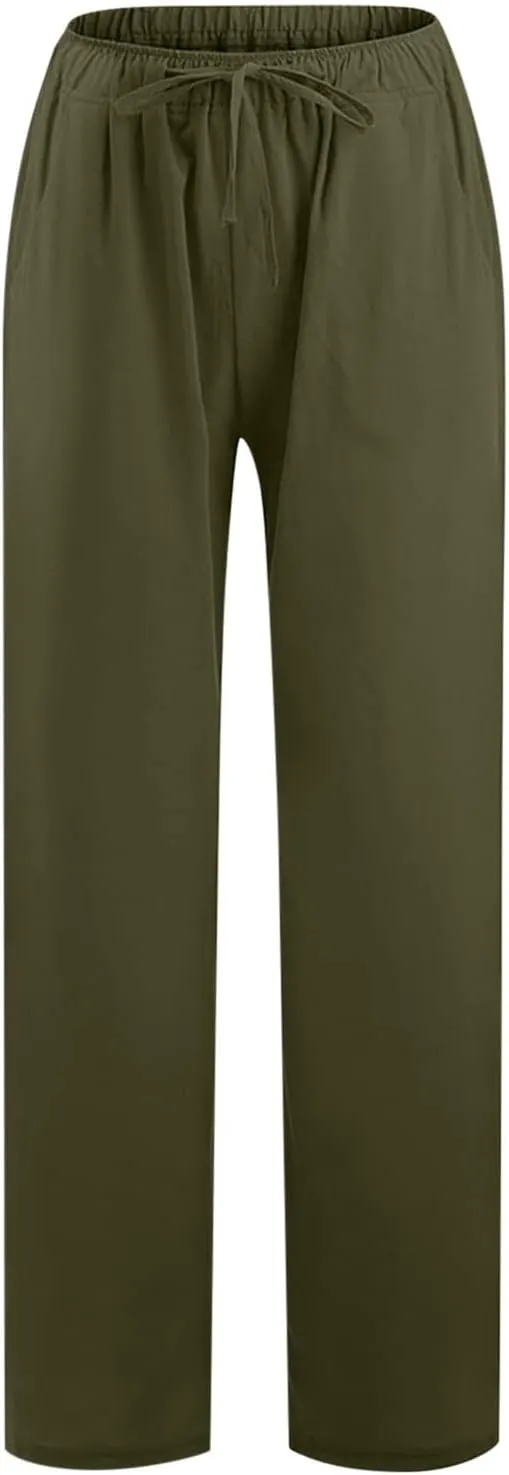 fartey Women Straight Leg Linen Pants Casual Loose High Waist Palazzo Pants Drawstring Wide Leg Summer Trousers with Pockets