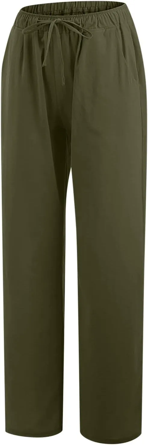 fartey Women Straight Leg Linen Pants Casual Loose High Waist Palazzo Pants Drawstring Wide Leg Summer Trousers with Pockets