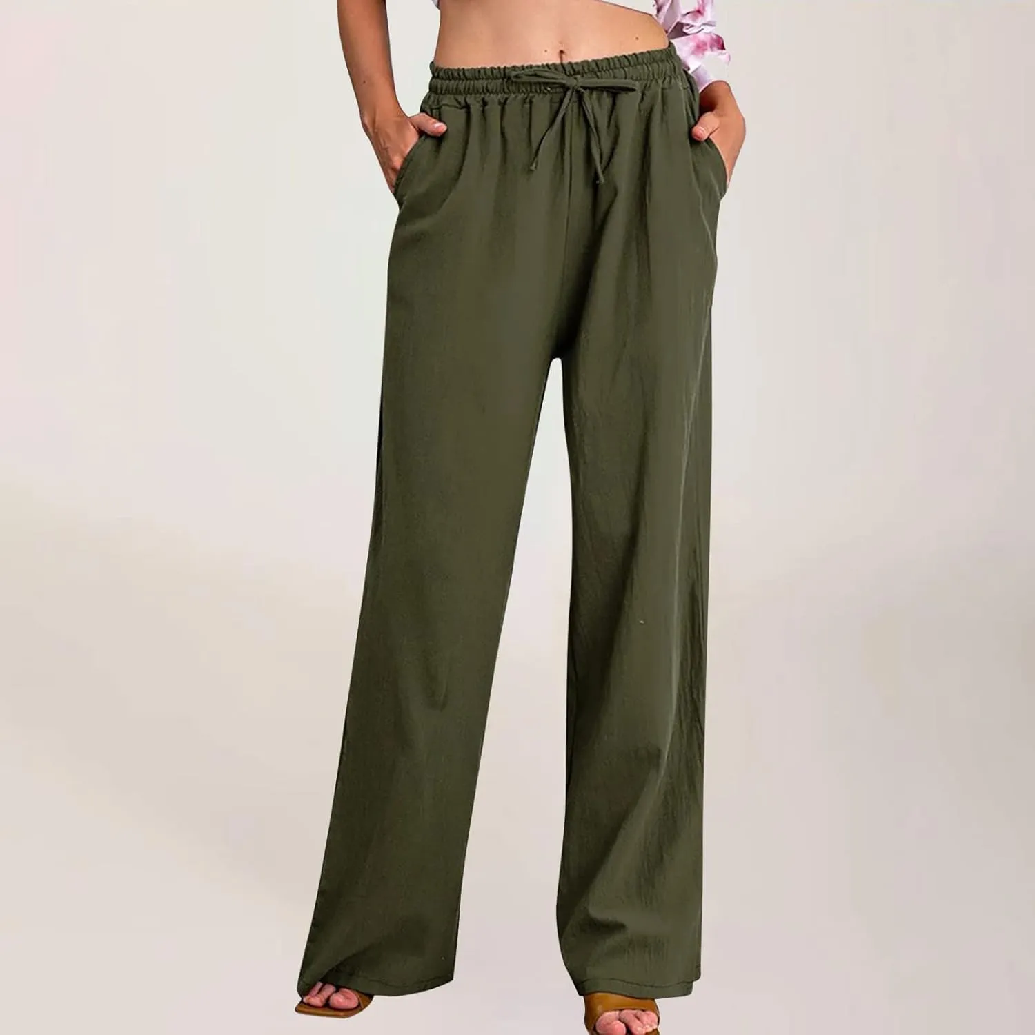 fartey Women Straight Leg Linen Pants Casual Loose High Waist Palazzo Pants Drawstring Wide Leg Summer Trousers with Pockets