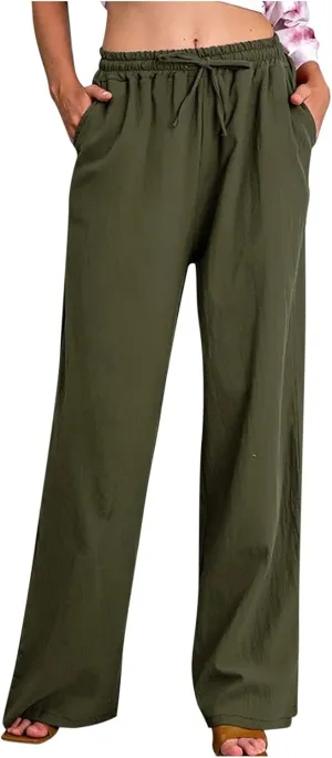 fartey Women Straight Leg Linen Pants Casual Loose High Waist Palazzo Pants Drawstring Wide Leg Summer Trousers with Pockets