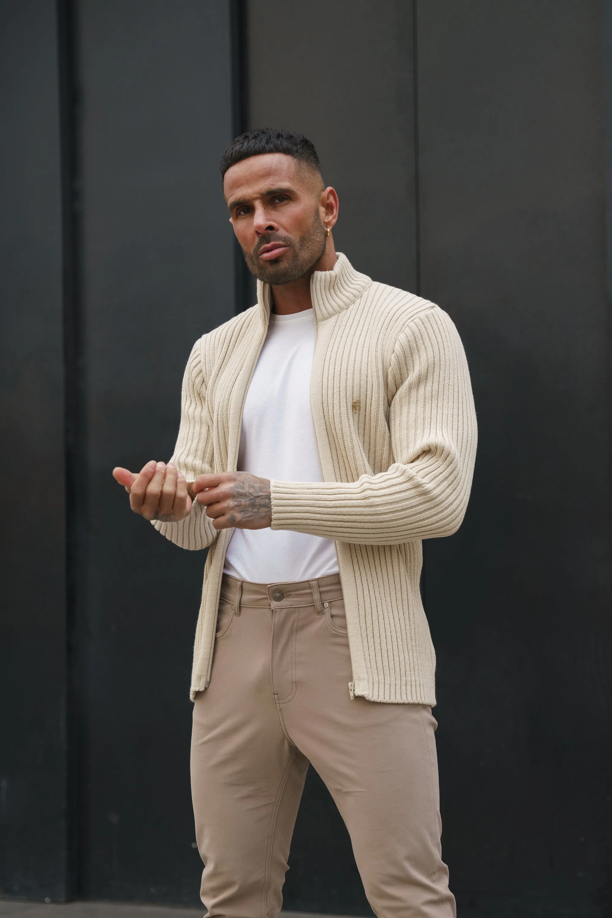 Father Sons Chunky Beige Ribbed Zipped Cardigan - FSJ069