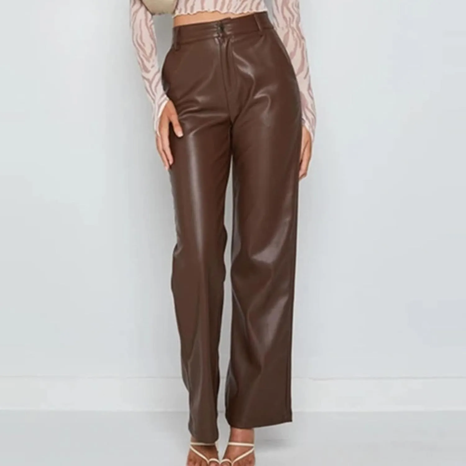 Faux Leather Pants for Women Wide Leg PU Pleather Pants High Waist Straight Long Pants Trendy Casual Baggy Trousers