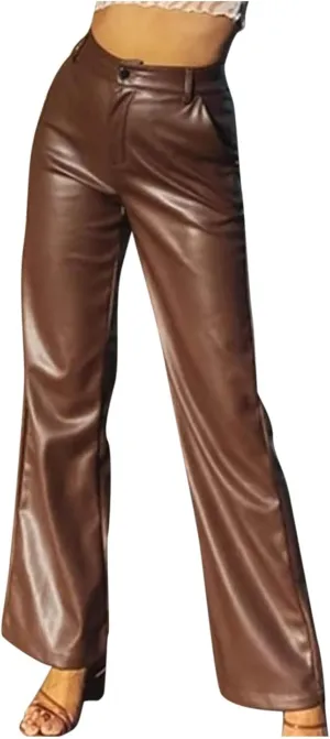 Faux Leather Pants for Women Wide Leg PU Pleather Pants High Waist Straight Long Pants Trendy Casual Baggy Trousers