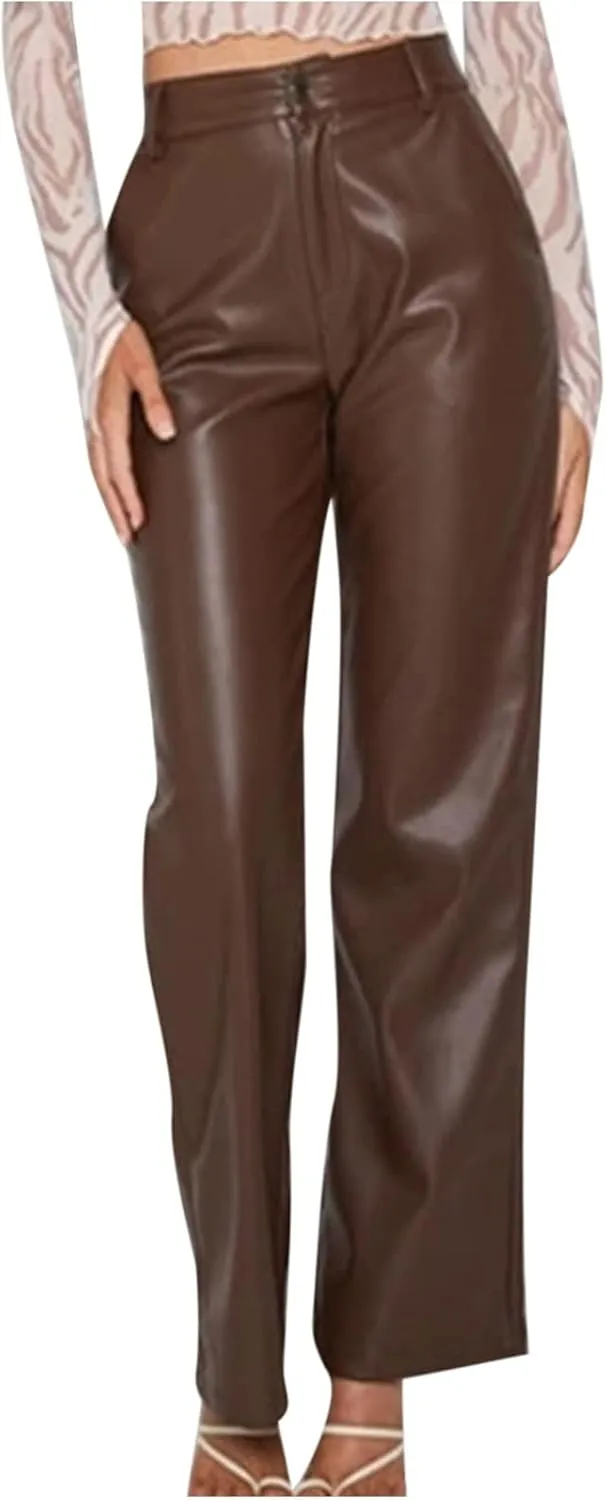 Faux Leather Pants for Women Wide Leg PU Pleather Pants High Waist Straight Long Pants Trendy Casual Baggy Trousers
