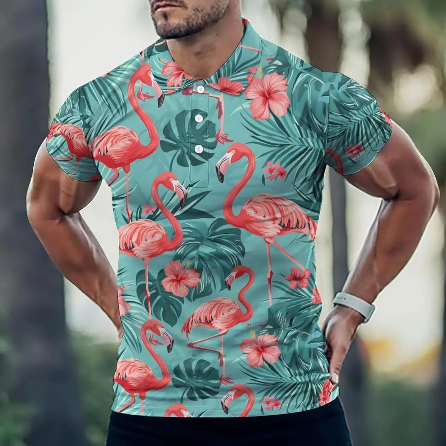 Flamingos Tropical Leaves Mens Polo Shirts Quick Dry Short Sleeve Golf Slim Fit T Shirt