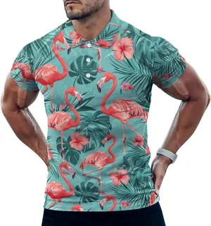 Flamingos Tropical Leaves Mens Polo Shirts Quick Dry Short Sleeve Golf Slim Fit T Shirt