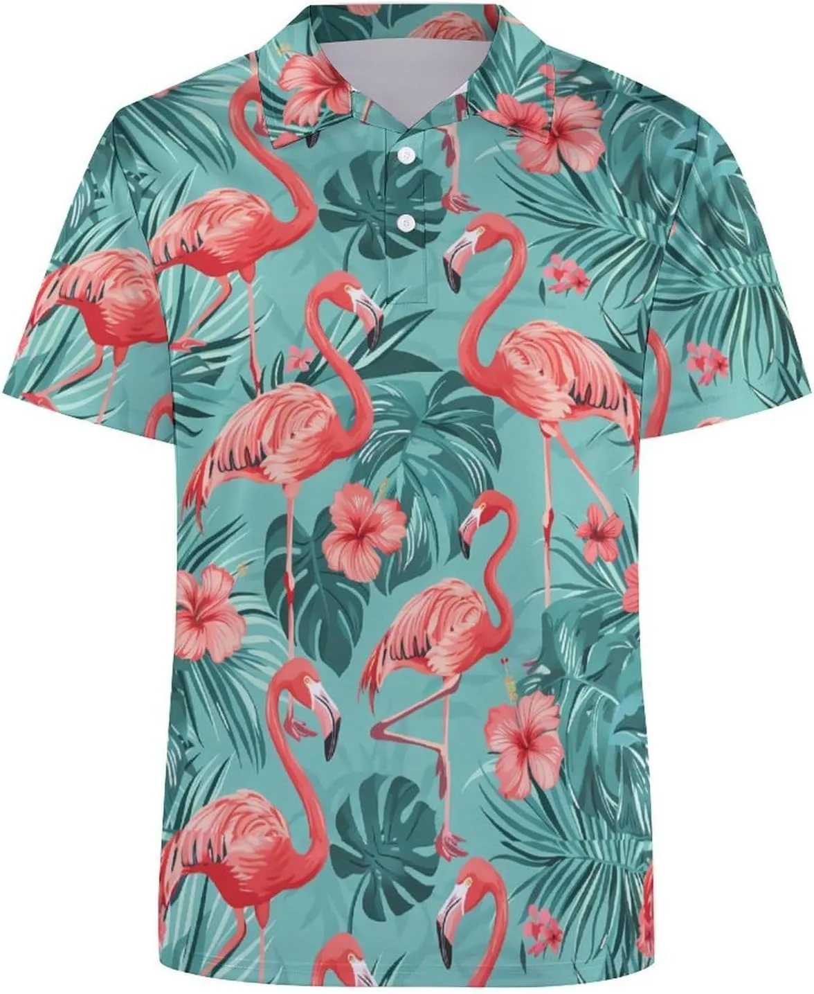 Flamingos Tropical Leaves Mens Polo Shirts Quick Dry Short Sleeve Golf Slim Fit T Shirt