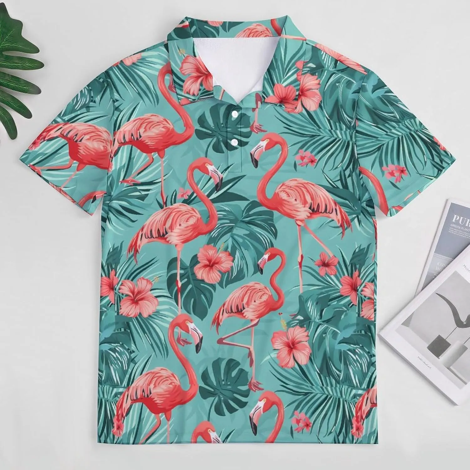 Flamingos Tropical Leaves Mens Polo Shirts Quick Dry Short Sleeve Golf Slim Fit T Shirt