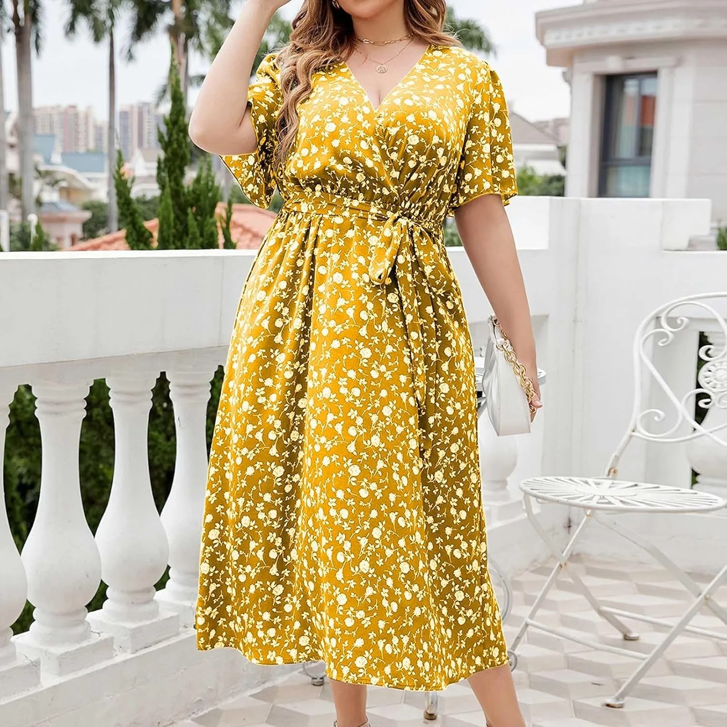 Floral Dress for Women 2024 Summer Puffy Short Sleeve V Neck Midi Dress Boho Beach Casual Flowy Wrap Dress Plus Size