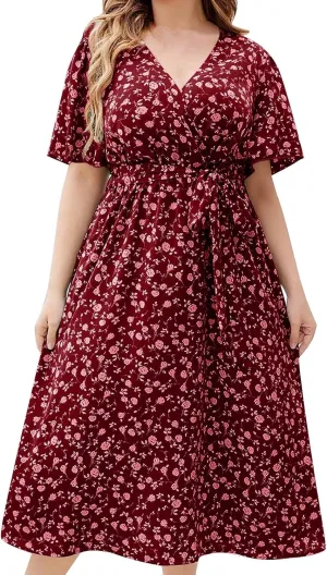 Floral Dress for Women 2024 Summer Puffy Short Sleeve V Neck Midi Dress Boho Beach Casual Flowy Wrap Dress Plus Size