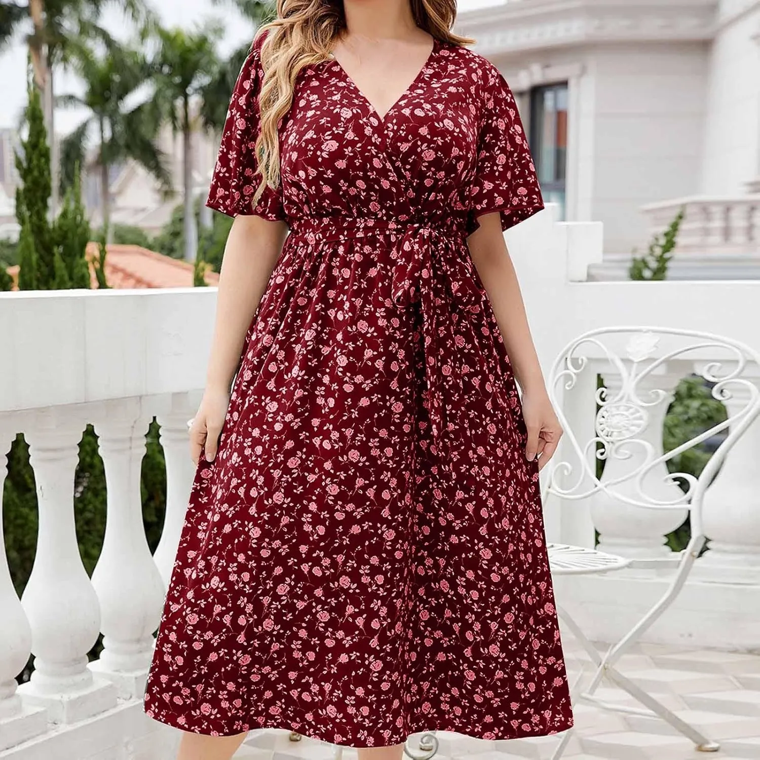 Floral Dress for Women 2024 Summer Puffy Short Sleeve V Neck Midi Dress Boho Beach Casual Flowy Wrap Dress Plus Size