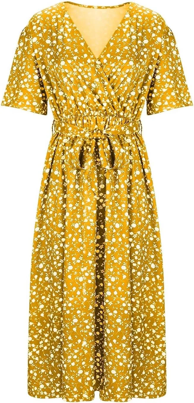 Floral Dress for Women 2024 Summer Puffy Short Sleeve V Neck Midi Dress Boho Beach Casual Flowy Wrap Dress Plus Size