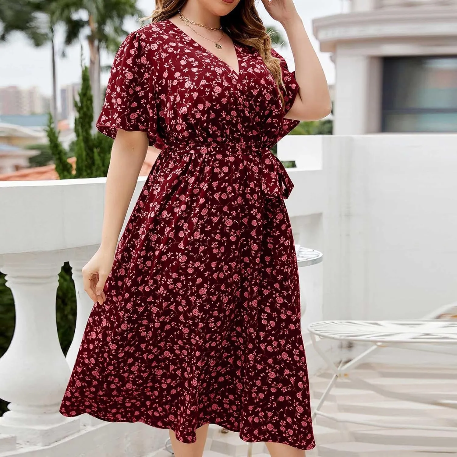 Floral Dress for Women 2024 Summer Puffy Short Sleeve V Neck Midi Dress Boho Beach Casual Flowy Wrap Dress Plus Size