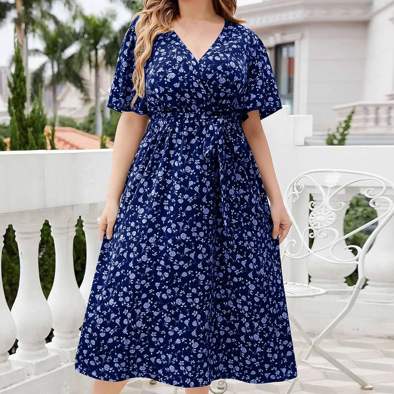 Floral Dress for Women 2024 Summer Puffy Short Sleeve V Neck Midi Dress Boho Beach Casual Flowy Wrap Dress Plus Size