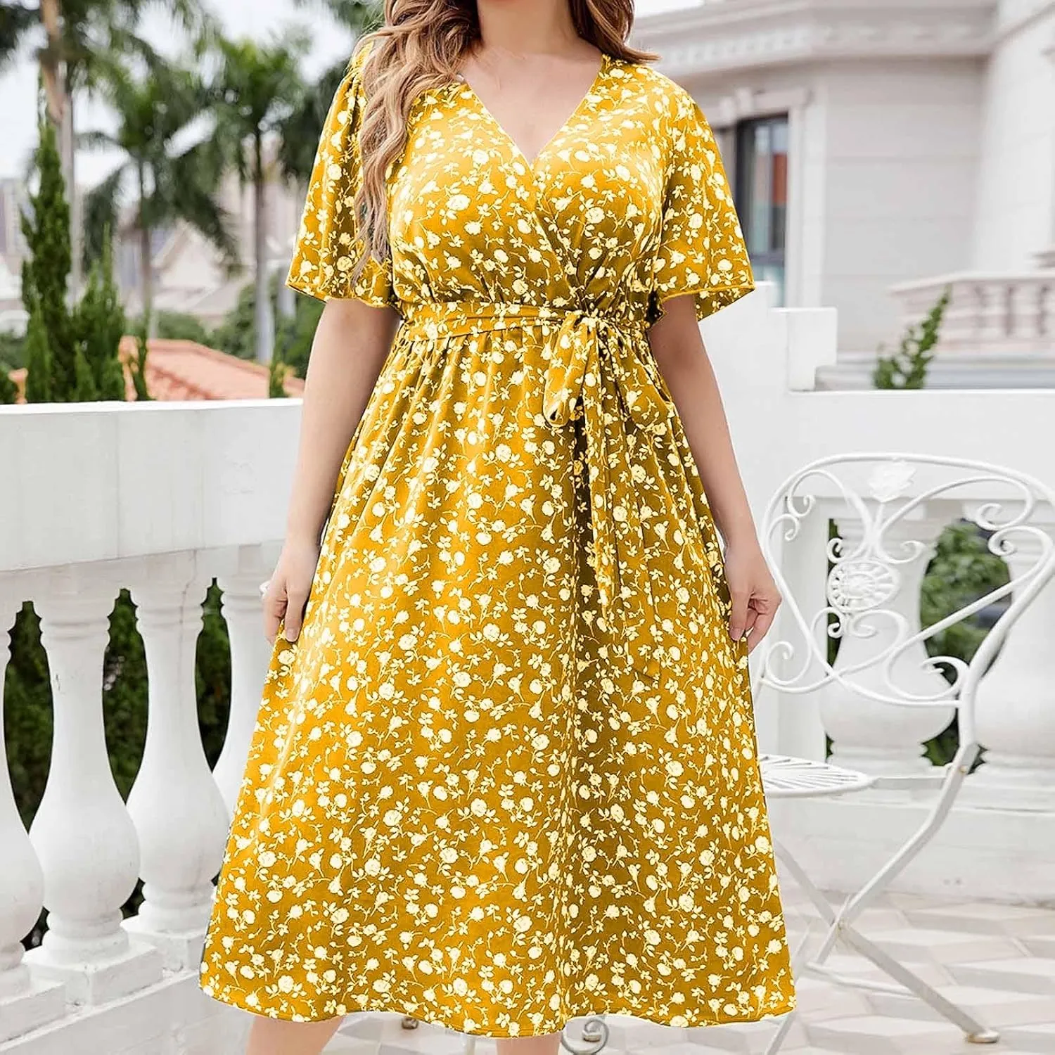 Floral Dress for Women 2024 Summer Puffy Short Sleeve V Neck Midi Dress Boho Beach Casual Flowy Wrap Dress Plus Size