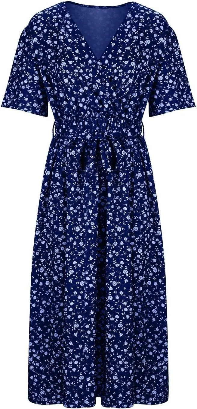 Floral Dress for Women 2024 Summer Puffy Short Sleeve V Neck Midi Dress Boho Beach Casual Flowy Wrap Dress Plus Size