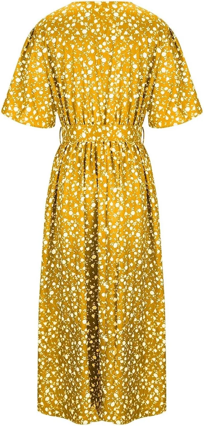 Floral Dress for Women 2024 Summer Puffy Short Sleeve V Neck Midi Dress Boho Beach Casual Flowy Wrap Dress Plus Size