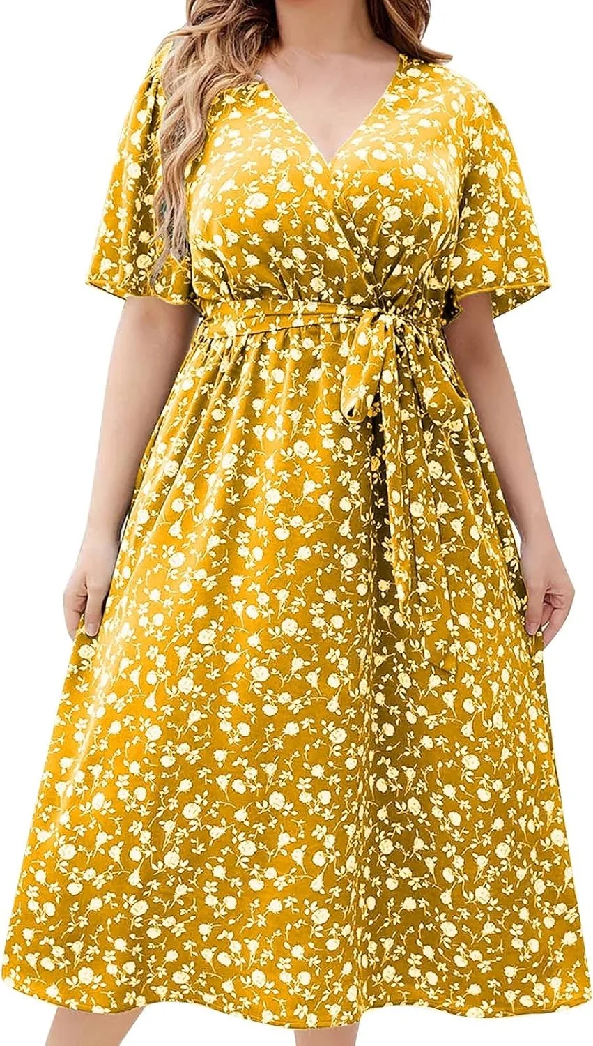 Floral Dress for Women 2024 Summer Puffy Short Sleeve V Neck Midi Dress Boho Beach Casual Flowy Wrap Dress Plus Size