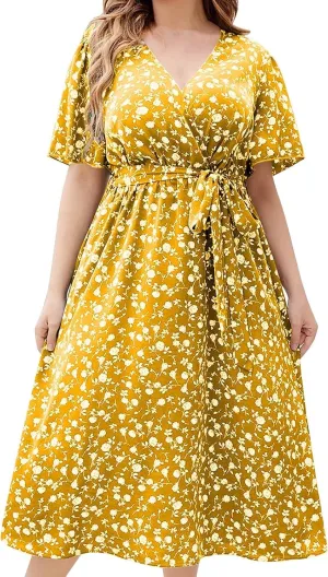 Floral Dress for Women 2024 Summer Puffy Short Sleeve V Neck Midi Dress Boho Beach Casual Flowy Wrap Dress Plus Size