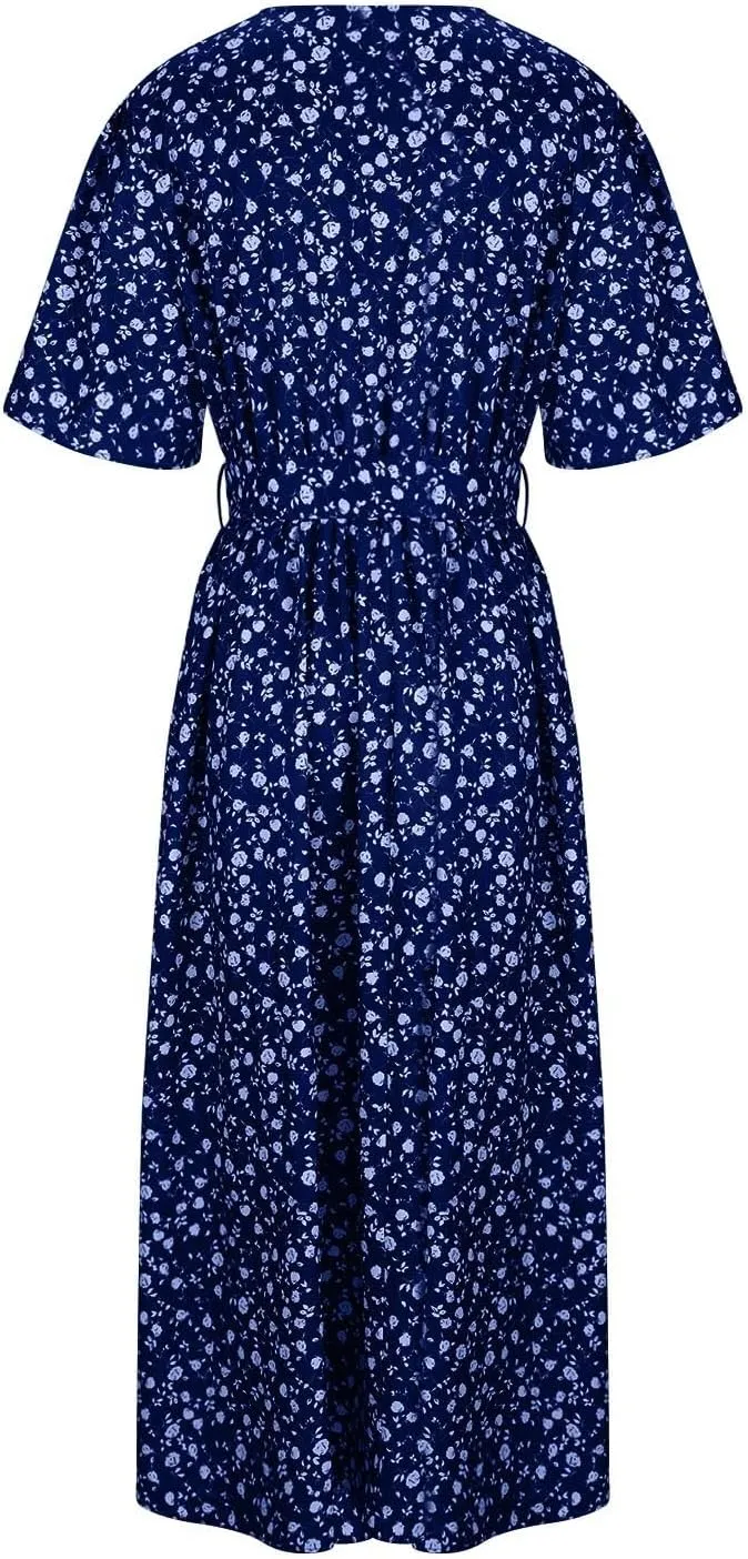 Floral Dress for Women 2024 Summer Puffy Short Sleeve V Neck Midi Dress Boho Beach Casual Flowy Wrap Dress Plus Size