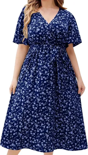 Floral Dress for Women 2024 Summer Puffy Short Sleeve V Neck Midi Dress Boho Beach Casual Flowy Wrap Dress Plus Size