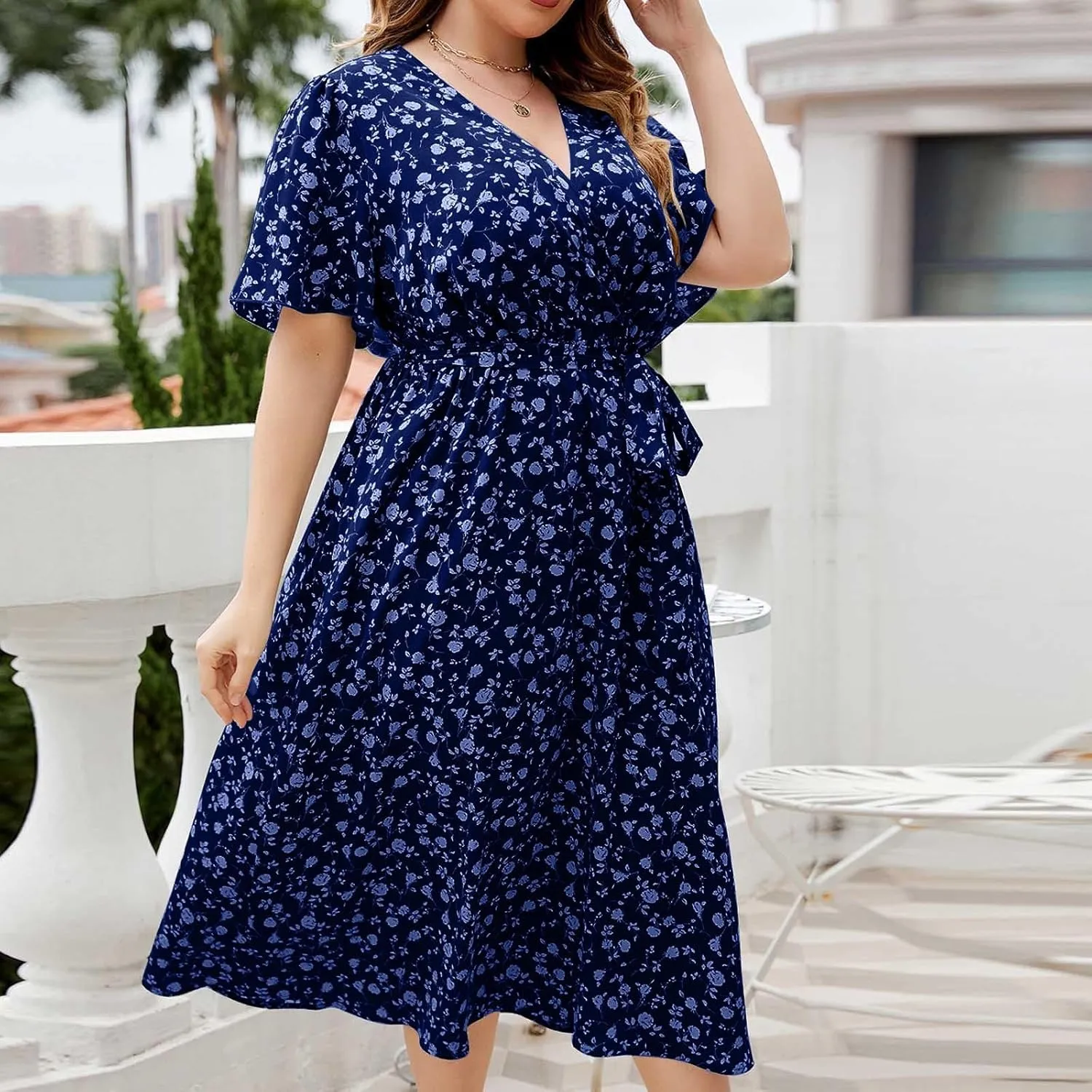 Floral Dress for Women 2024 Summer Puffy Short Sleeve V Neck Midi Dress Boho Beach Casual Flowy Wrap Dress Plus Size