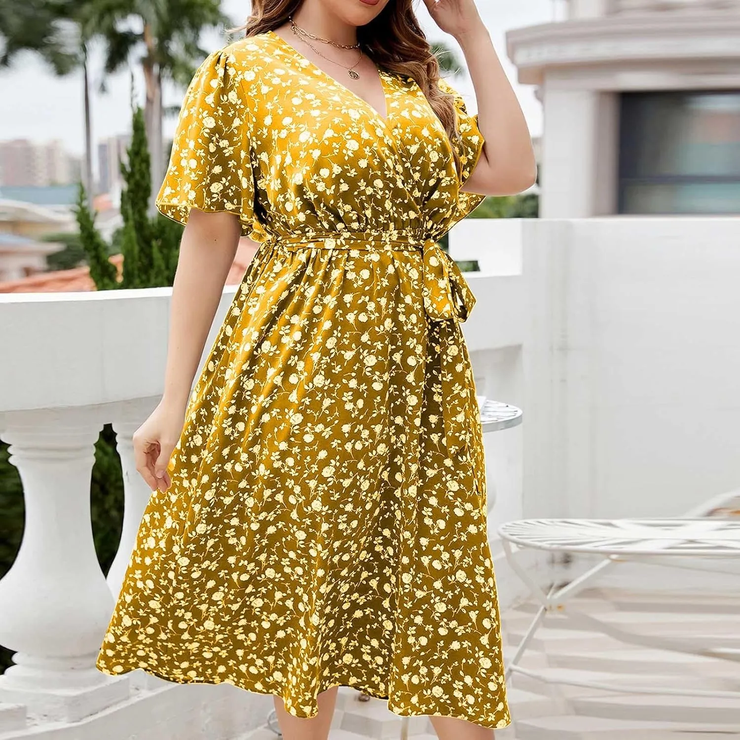 Floral Dress for Women 2024 Summer Puffy Short Sleeve V Neck Midi Dress Boho Beach Casual Flowy Wrap Dress Plus Size