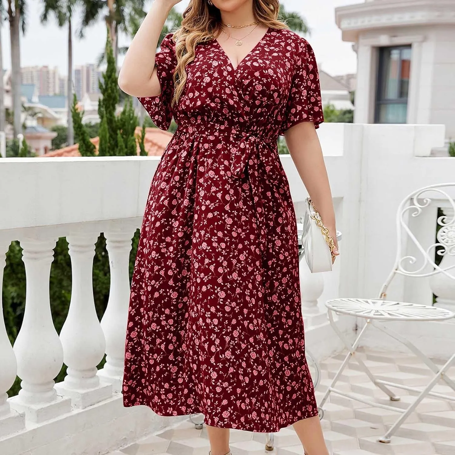 Floral Dress for Women 2024 Summer Puffy Short Sleeve V Neck Midi Dress Boho Beach Casual Flowy Wrap Dress Plus Size