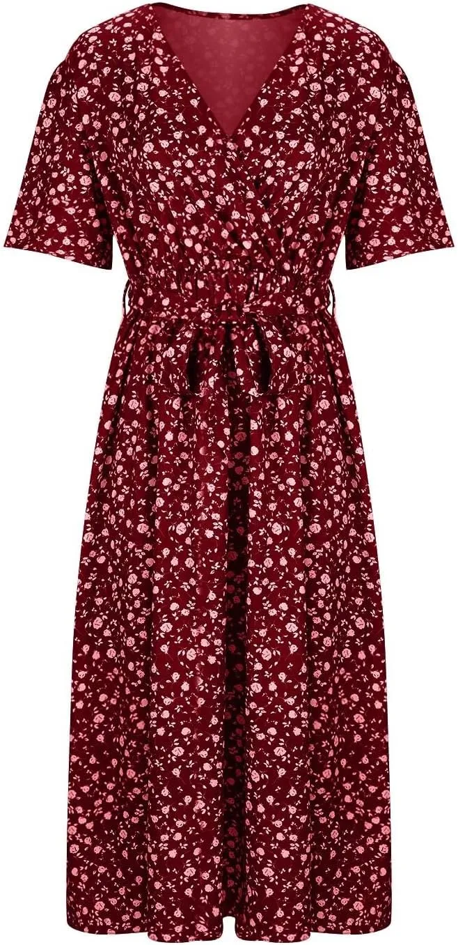 Floral Dress for Women 2024 Summer Puffy Short Sleeve V Neck Midi Dress Boho Beach Casual Flowy Wrap Dress Plus Size