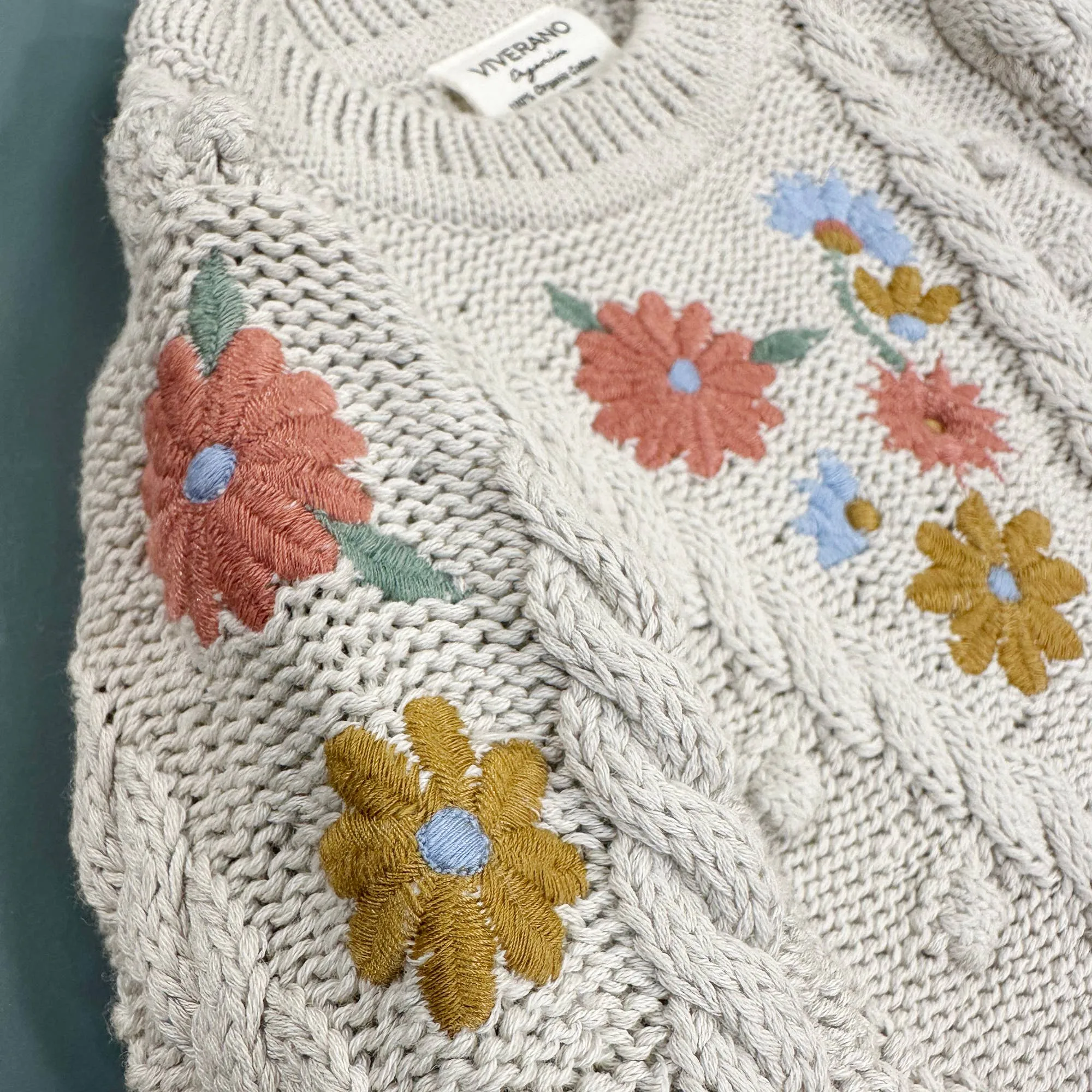 Floral Embroidered Chunky Baby Pullover Sweater