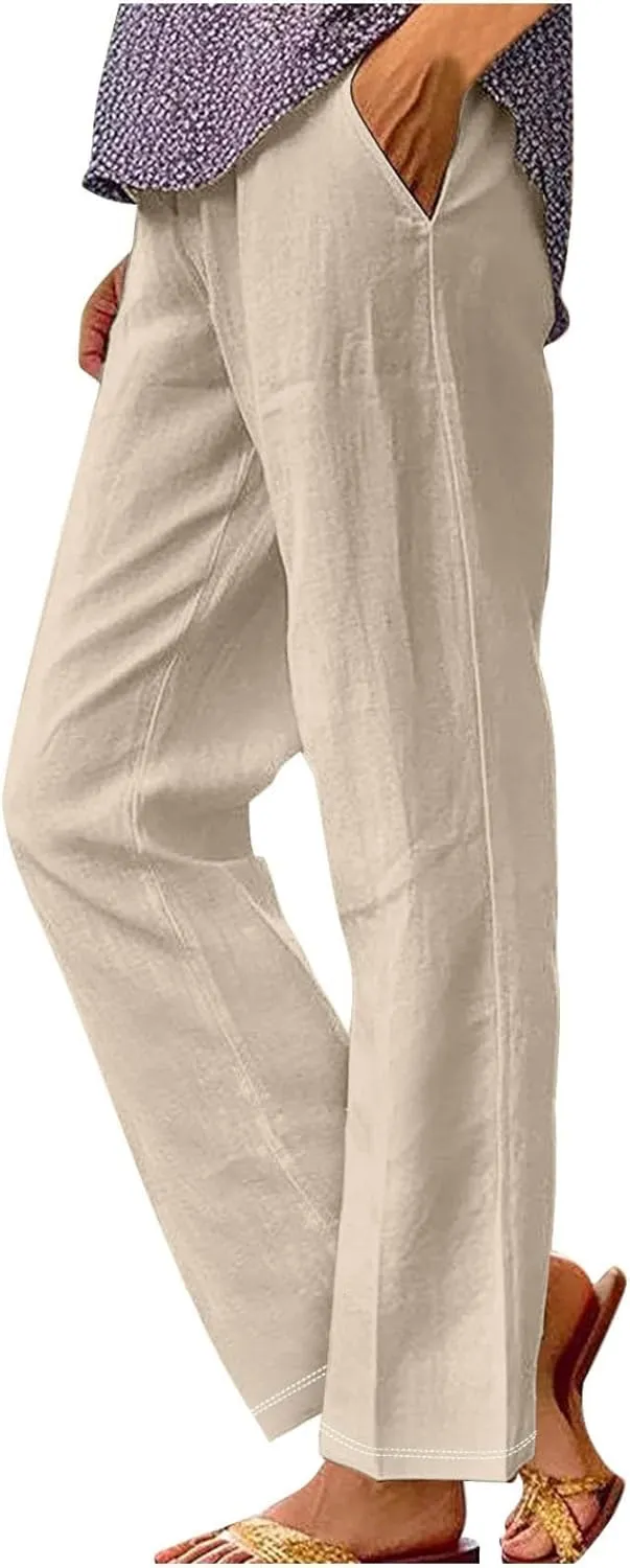 Flowy Pants for Women Boho Wide Leg Cotton Linen Palazzo Pants Palazzo Summer Linen Beach High Waisted Trousers