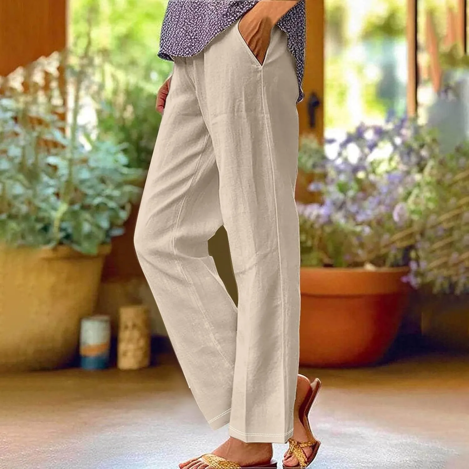 Flowy Pants for Women Boho Wide Leg Cotton Linen Palazzo Pants Palazzo Summer Linen Beach High Waisted Trousers