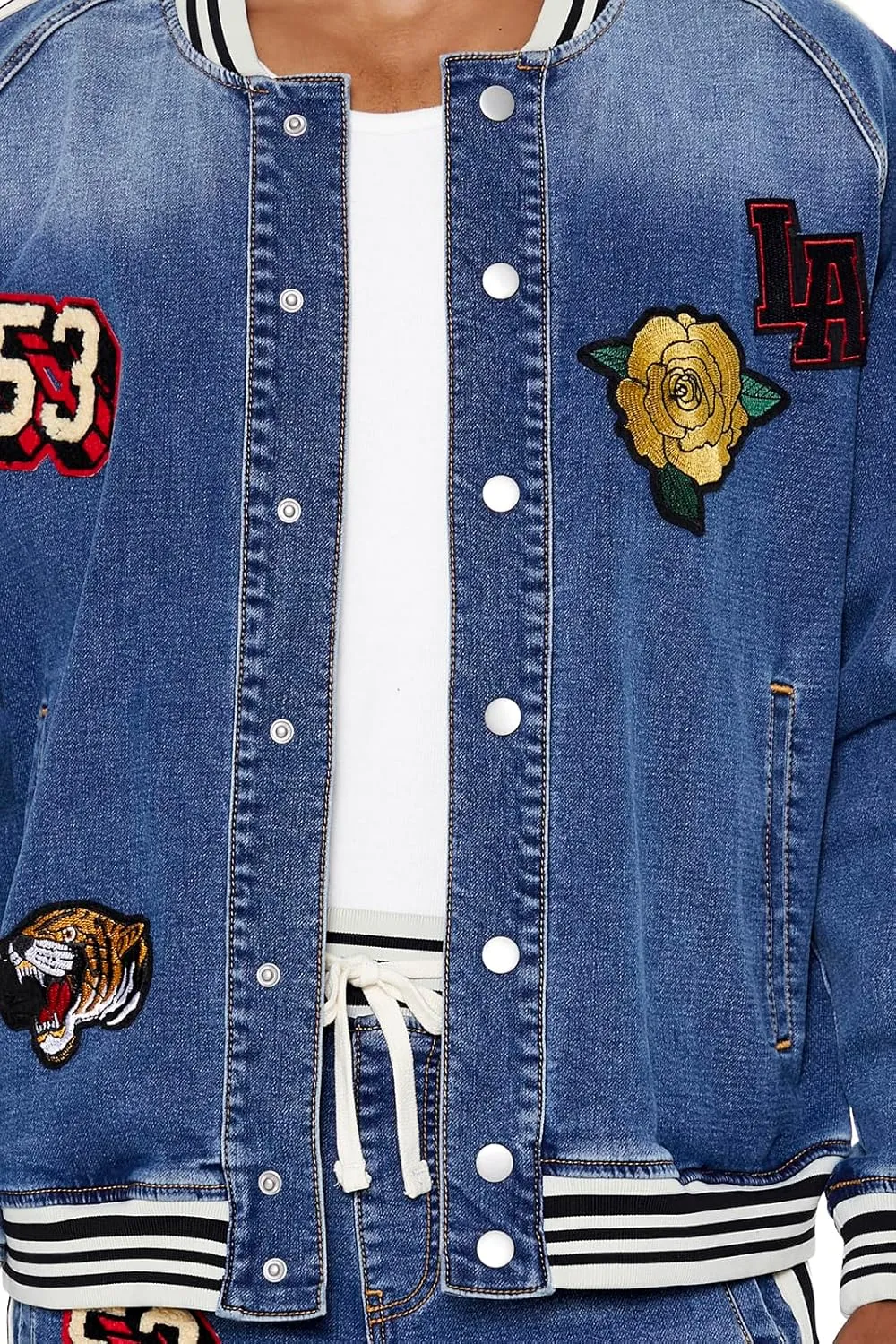 Forever 21 Men's Patch Denim Bomber Jacket